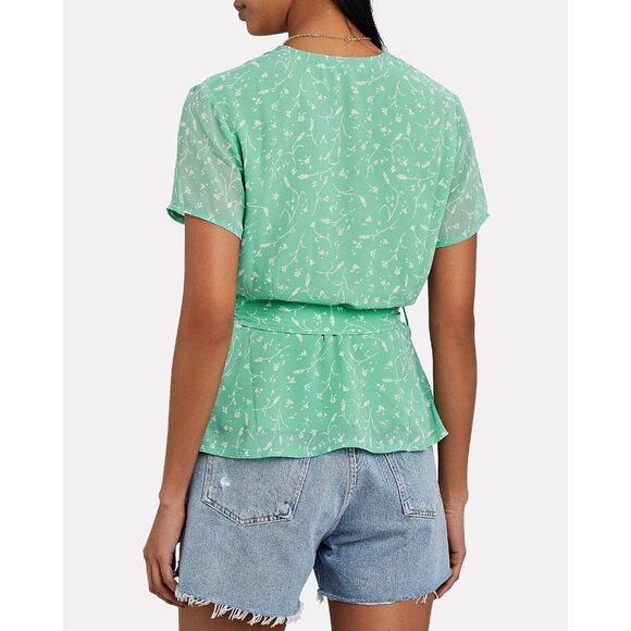 SAMSOE SAMSOE Klea Green Floral Crepe Short Sleeve Wrap Blouse, Size S - Picture 3 of 16